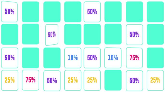 销售概念动画。抽认卡游戏，有10,25,50和75%的折扣。找到您的销售折扣4K分辨率运动设计