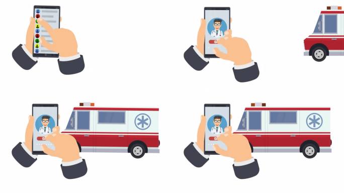 用手机叫救护车。救护车呼叫的动画。卡通