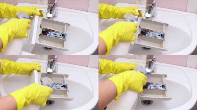 女手用自来水冲洗洗衣机装粉的容器。清理容器内深色的霉菌团块。