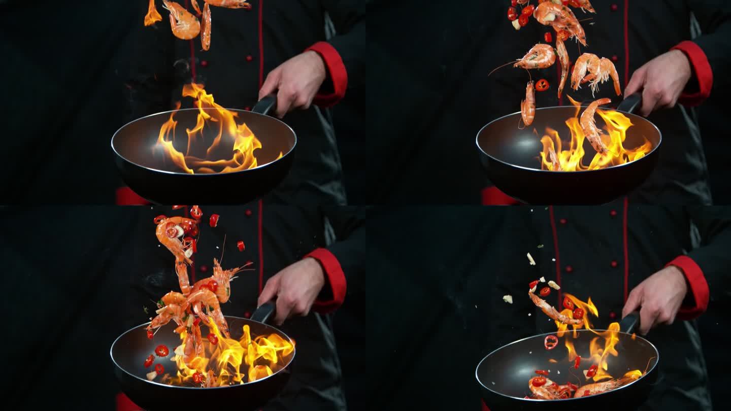 厨师拿着炸飞虾的超级慢镜头。