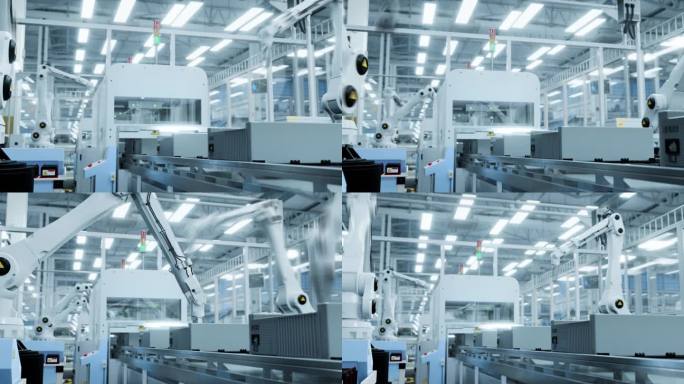 电子工厂3D概念:自动化机器人手臂装配线制造不同行业的先进电子元件。现代化设施中的输送线生产电气设备
