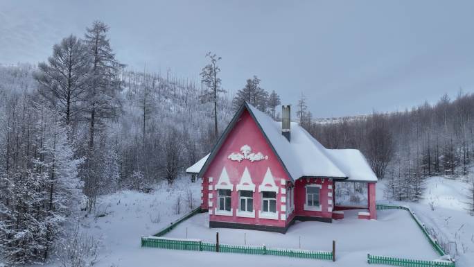 航拍林海雪原森林小屋