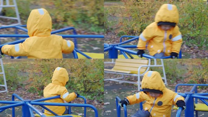 初学走路的孩子在秋季城市公园的儿童游乐场旋转木马上