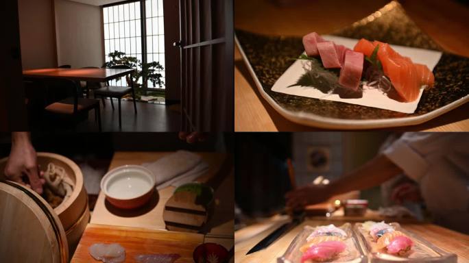 日料美食三文鱼腩寿司刺身制作