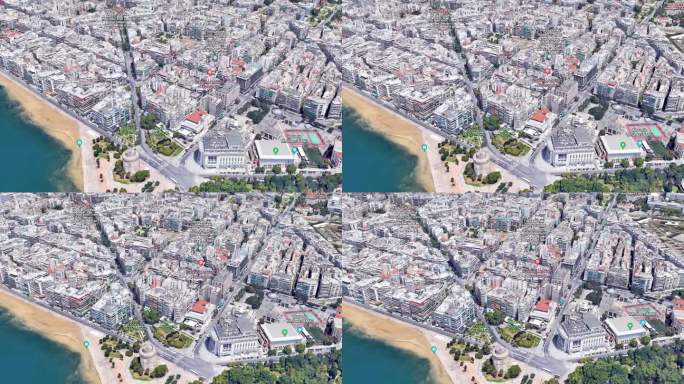 希腊塞萨洛尼基中心，谷歌地球图形动画媒体，白塔和海滩景观