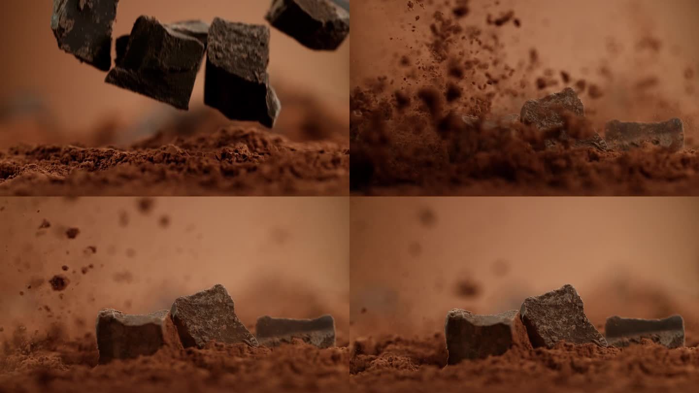 超级慢动作的飞行组生巧克力块成粉。