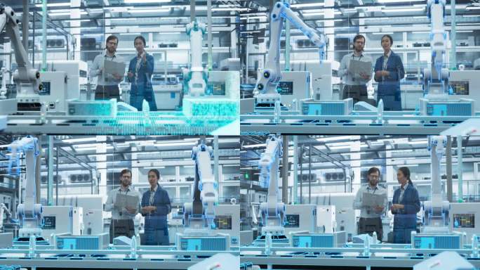 电子厂数字化:自动化机械臂装配线制造先进设备。经理们讨论工作时，未来的人工智能计算机视觉分析，扫描生