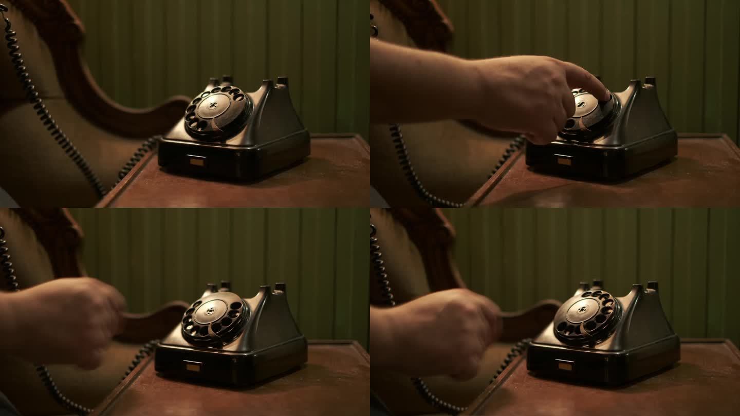 用90年代的旧电话打电话。一个男人的手拿起电话，拨了一个号码。