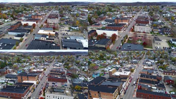 俄亥俄州洛根市，市区及周边城镇的无人机航拍画面。霍金县法院，无人机。