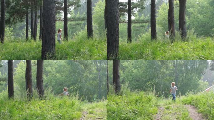 小女孩沿着森林里的小路慢跑。活跃的户外游戏或者这可能是迫害，追捕，监视