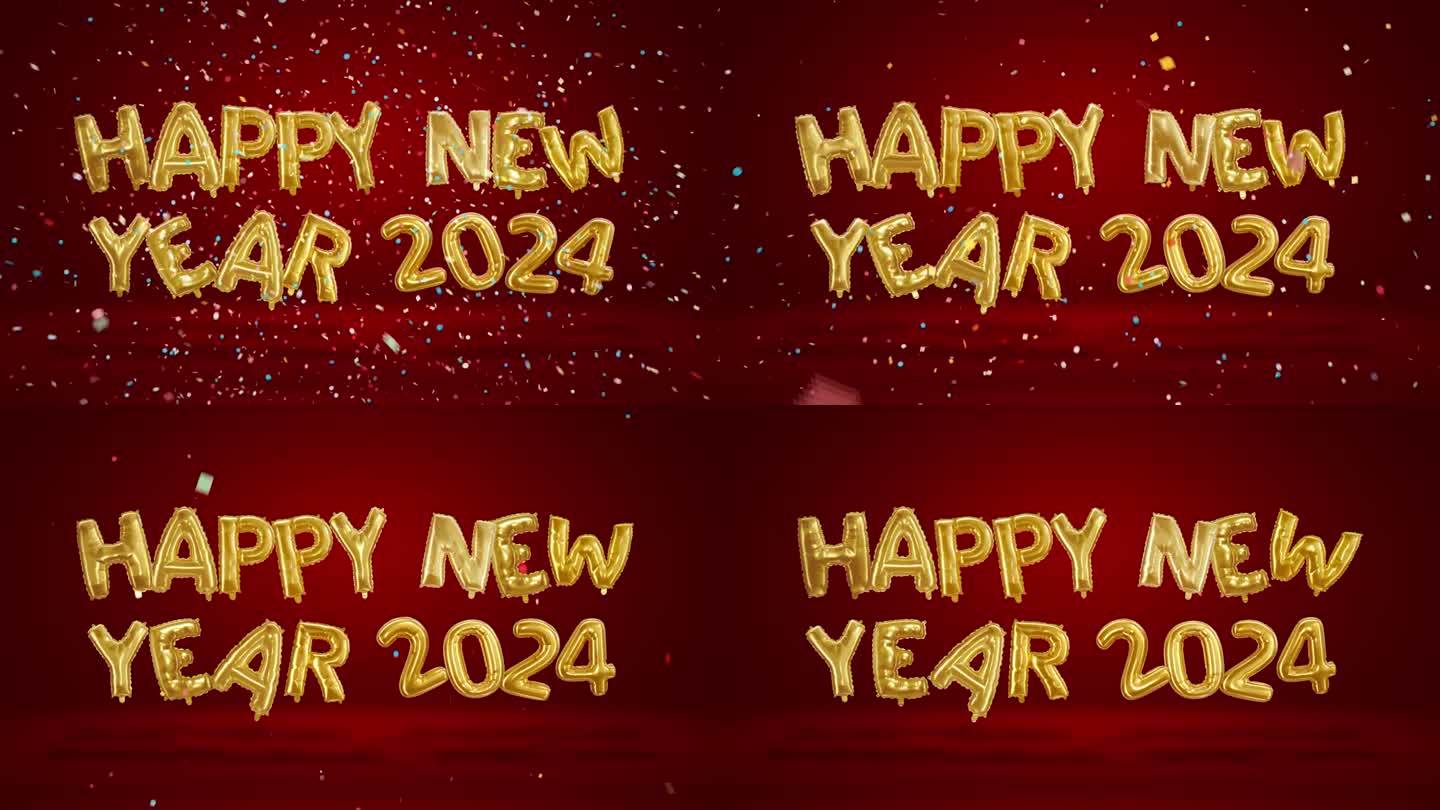 2024年新年快乐。红色背景上漂浮的氦气球。英语的问候。用五彩五彩的纸屑弹出金箔数字。水平的。