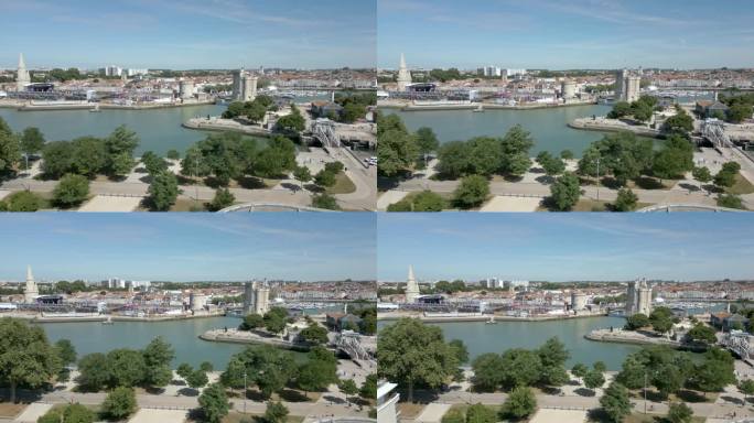 圣尼古拉斯塔和灯笼塔，拉罗谢尔港，夏朗德海事在法国。空中侧