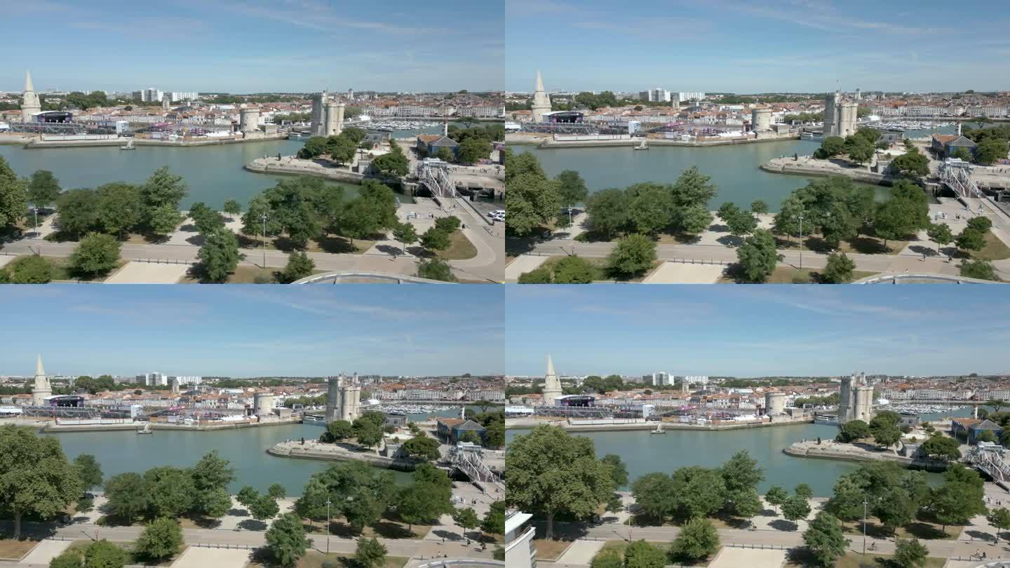 圣尼古拉斯塔和灯笼塔，拉罗谢尔港，夏朗德海事在法国。空中侧