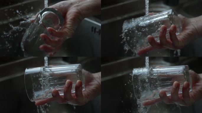 清洗透明玻璃杯子水杯特写升格