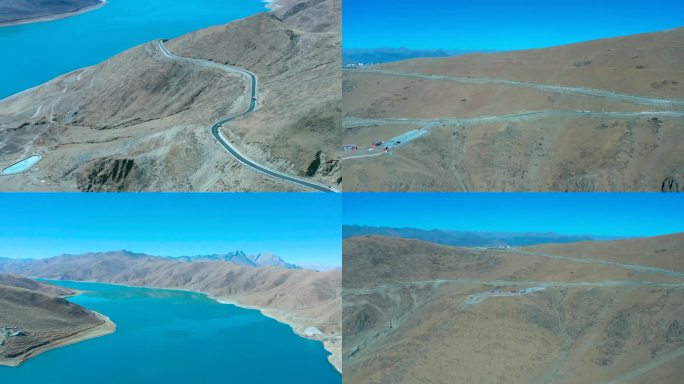4K航拍西藏羊湖自驾游路上风景湖水蓝天湖