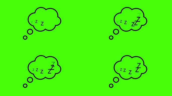 睡眠泡沫ZZZ动画绿色屏幕背景。睡眠思想图标动画网站和就寝时间。