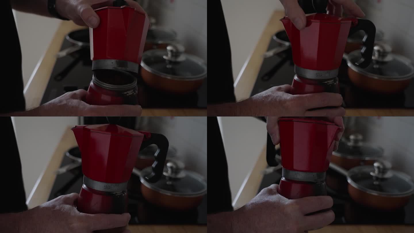 双手拧上红色炉子的盖子，厨房里最顶级的浓缩咖啡机