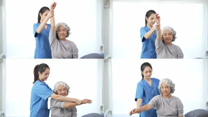 理疗师为一名亚洲老年妇女进行物理治疗，检查一名女病人受伤手臂的治疗情况，以女医生的保健理念使疼痛的手