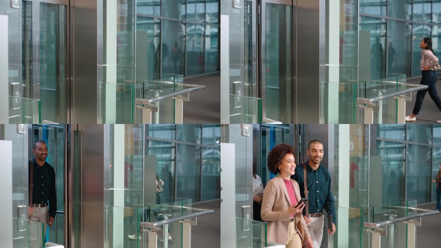商务，男人和女人或从电梯出口走出来谈话，快乐和公司工作场所的大厅。专业团队在电梯门口与同事和行李进行