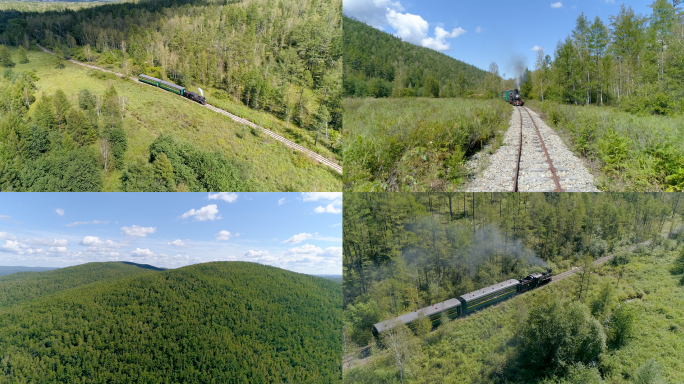 森林蒸汽火车航拍大兴安岭林业生产工业遗迹