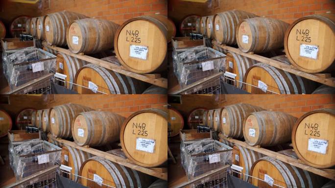 酒厂。酒库。酒窖里存放着许多木桶酒。存放酒瓶和酒桶的储藏室。葡萄酒仓库或地窖。