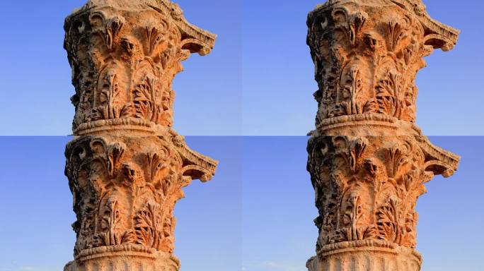 特写镜头捕捉到一个古董柱子的精髓。古董柱子上的细节显示了时间的艺术性。古色古香的石柱上的每一个印记都
