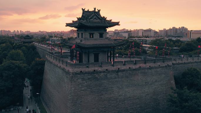 航拍西安城墙东南城角夕阳日落风光