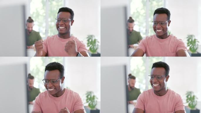 电脑，庆祝和兴奋的黑人男子高兴ERP软件，网络安全系统或编码的成功。信息技术、人工智能开发人员或程序