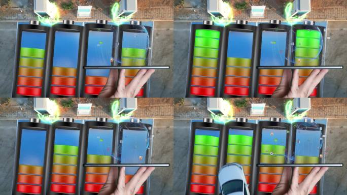 电动汽车行驶的鸟瞰图。停放在充电站的电动汽车的4K鸟瞰图。