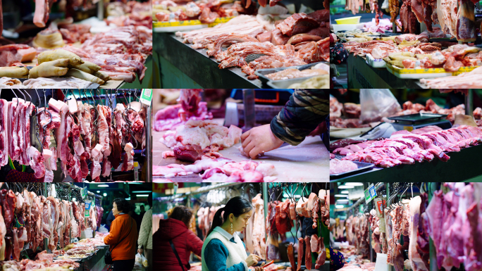 菜市场猪肉摊售卖猪肉切肉买肉