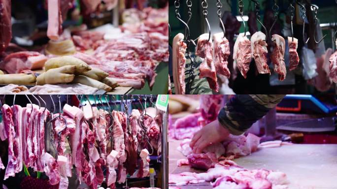 菜市场猪肉摊售卖猪肉切肉买肉
