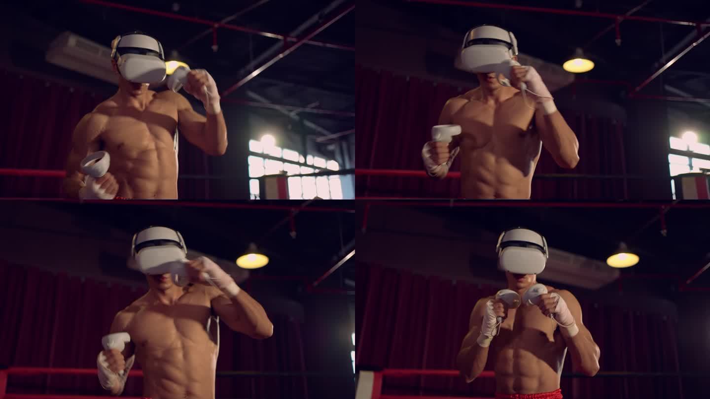 亚洲运动员使用创新技术VR眼镜进行锻炼。有魅力的年轻人戴着虚拟现实耳机，拿着游戏控制器，在体育馆做拳