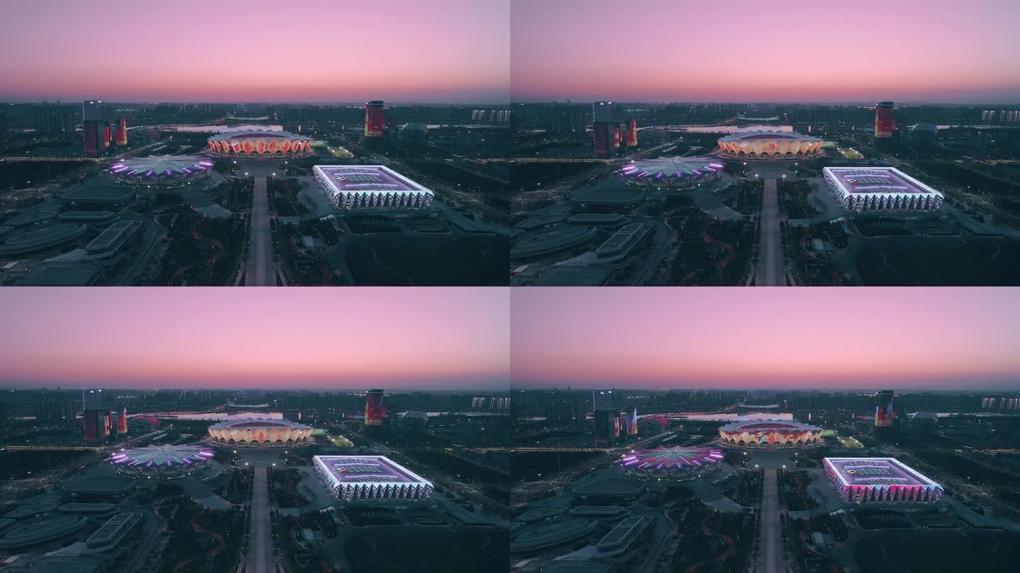 西安浐灞港务区奥体中心夜景风光航拍