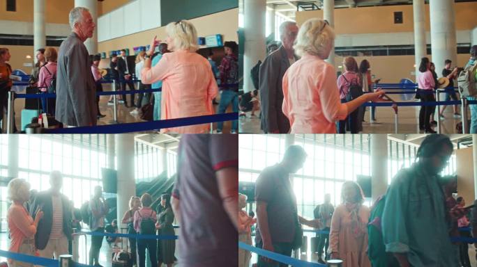 机场大厅排队办理登机手续的一大群形形色色的人