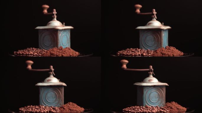 采购产品老式手工咖啡研磨机，烤阿拉比卡咖啡豆和细磨咖啡，近距离