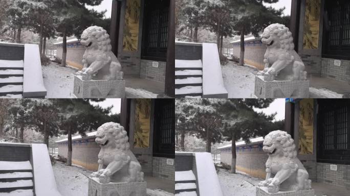 石狮子视频素材飞雪中石狮子雕刻更别致