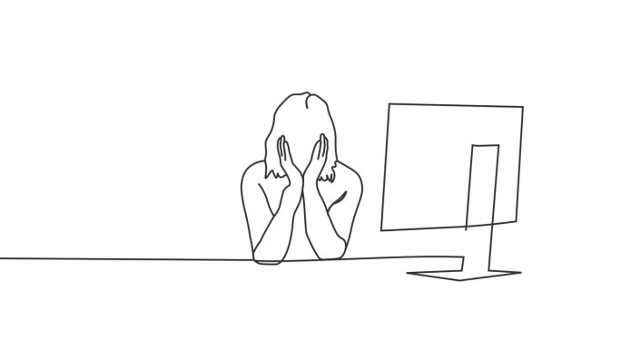 疲惫的女商人坐在笔记本电脑前，长时间的创意概念动画与单线绘图。工作压力大的女性。