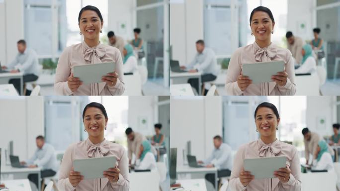 脸，平板电脑和办公室的商业女性有远见，使命和成功的心态。技术、领导力和女性使用触摸屏进行市场调研、收
