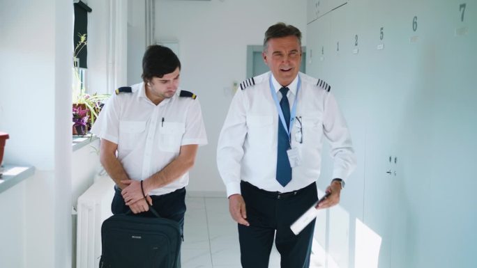 在一所航空学院的走廊里，年老的教官和学生飞行员边走边交谈