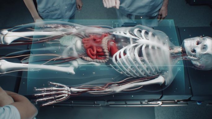 外科团队使用全息显示和人体骨骼的3D渲染