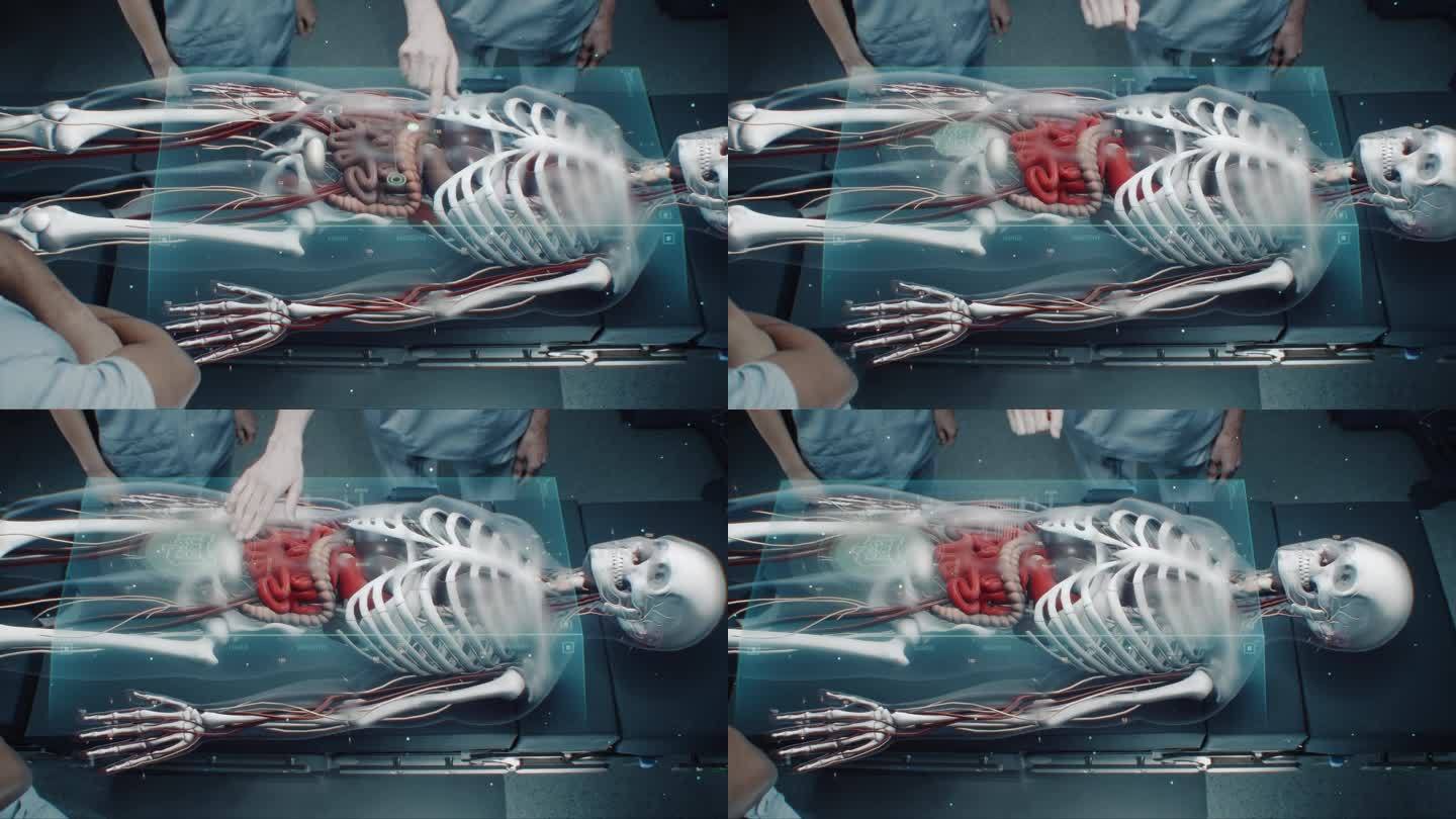 外科团队使用全息显示和人体骨骼的3D渲染