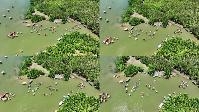 鸟瞰椰子村篮船之旅。棕榈林在会安，金城，越南，Thu Bon河