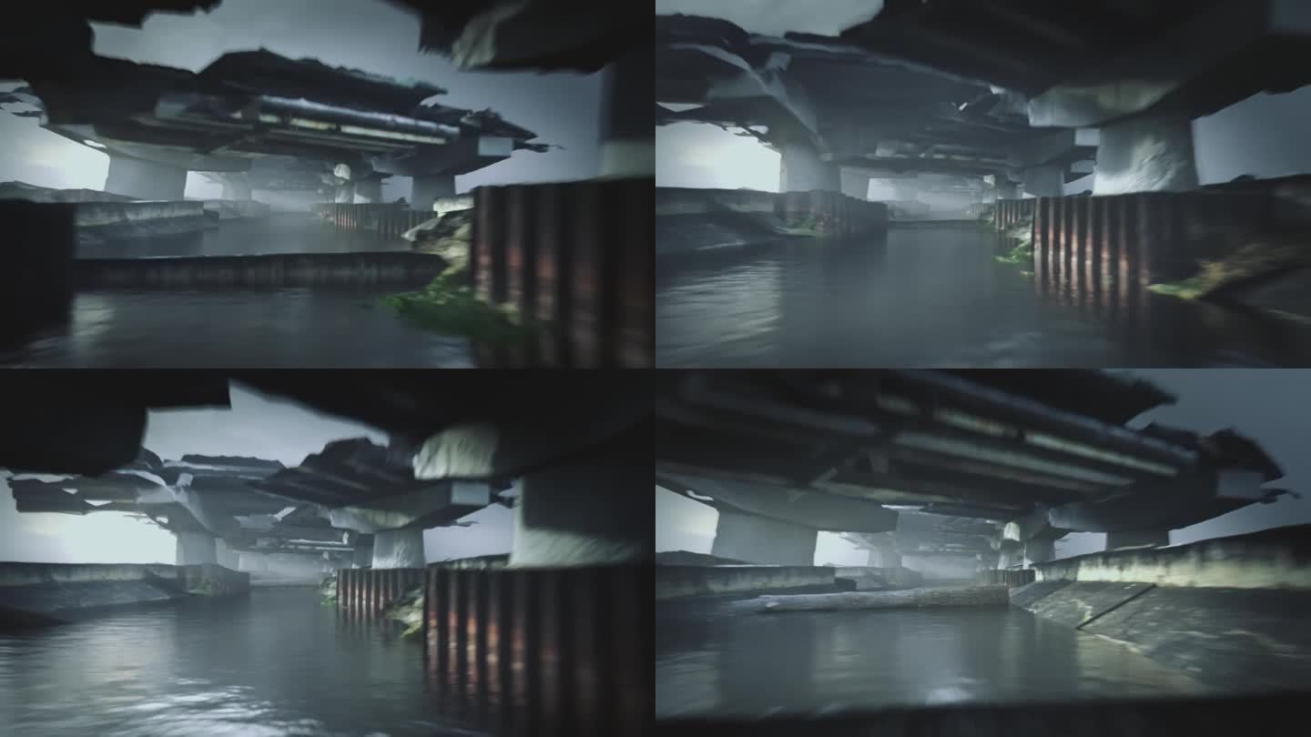 快速移动通过一个荒凉的，损坏的被水淹没的隧道。科幻主题视频。前进的概念。城市的废墟，城市的遗迹。世界