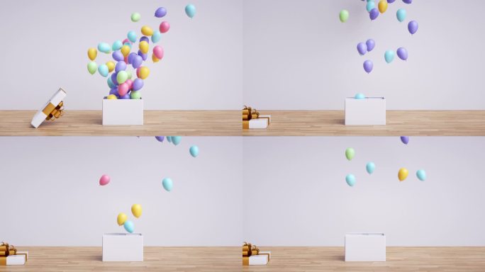 3d动画节日壁纸。五颜六色的气球从礼品盒里飞了出来。抽象党的背景。