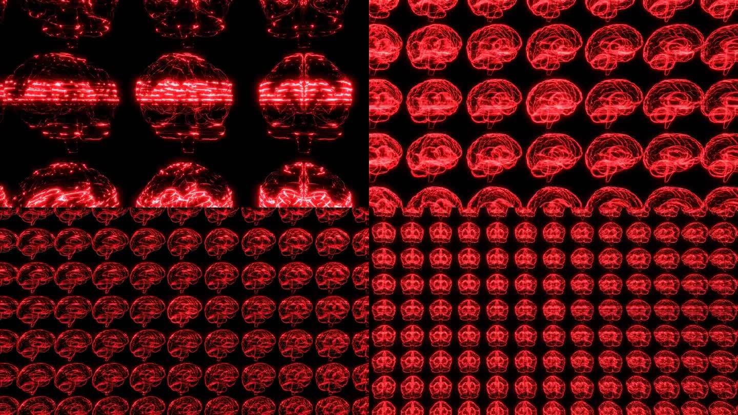 许多黑色背景上的红色全息人脑图。