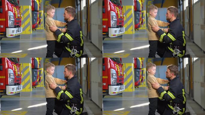 消防队员和小男孩在消防站。消防员教一个小男孩消防安全规则