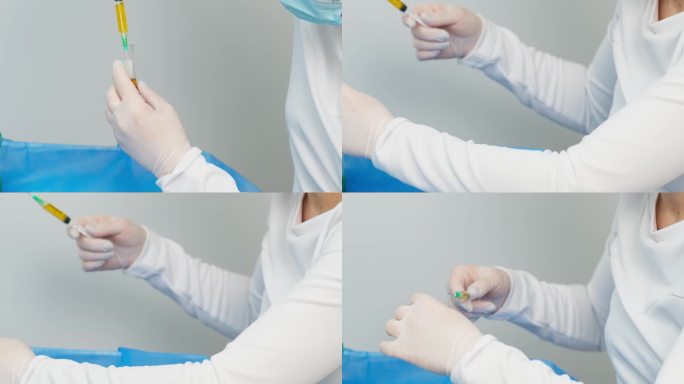 医生美容师将血浆抽到注射器中进行血浆去除手术，手戴手套特写。PRP疗法在美容诊所中的应用。治疗问题皮