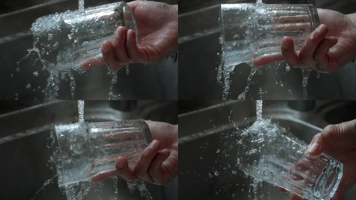 清洗透明玻璃杯子水杯特写升格