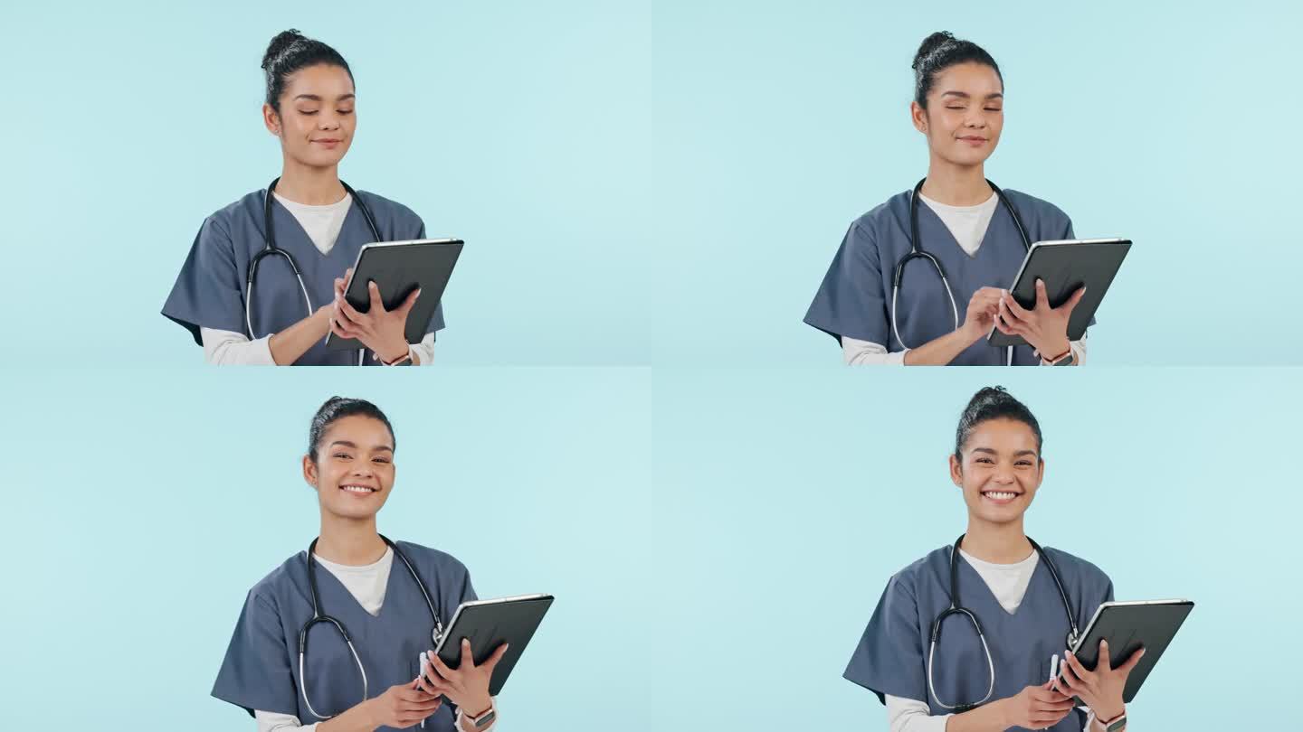 妇女、护士和平板电脑在工作室中提供医疗保健，在线系统与时间表或远程医疗隔离在蓝色背景上。数字议程，模