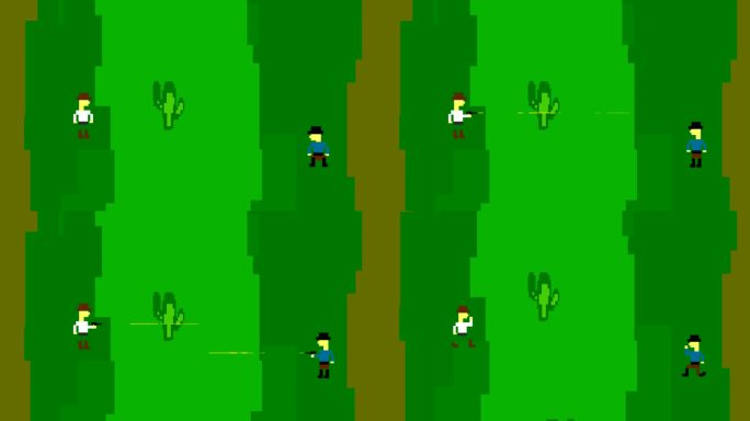 一个8位像素风格的老游戏的动画，男人们互相奔跑和射击，西部片。